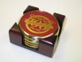 4 Round Solid Brass Coasters w/Solid Cherry Wood Square Stand